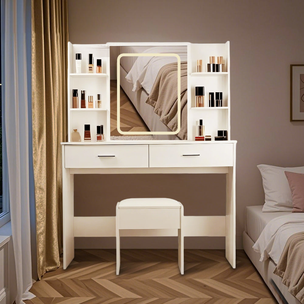 Vanity Desk with Mirror and Lights, Makeup Vanity with 2 Drawers and 6 Storage Shelves, 3 Lighting Modes Adjustable Brightness, Dressing Table with Power Outlet & Cushioned Stool for Bedroom, White