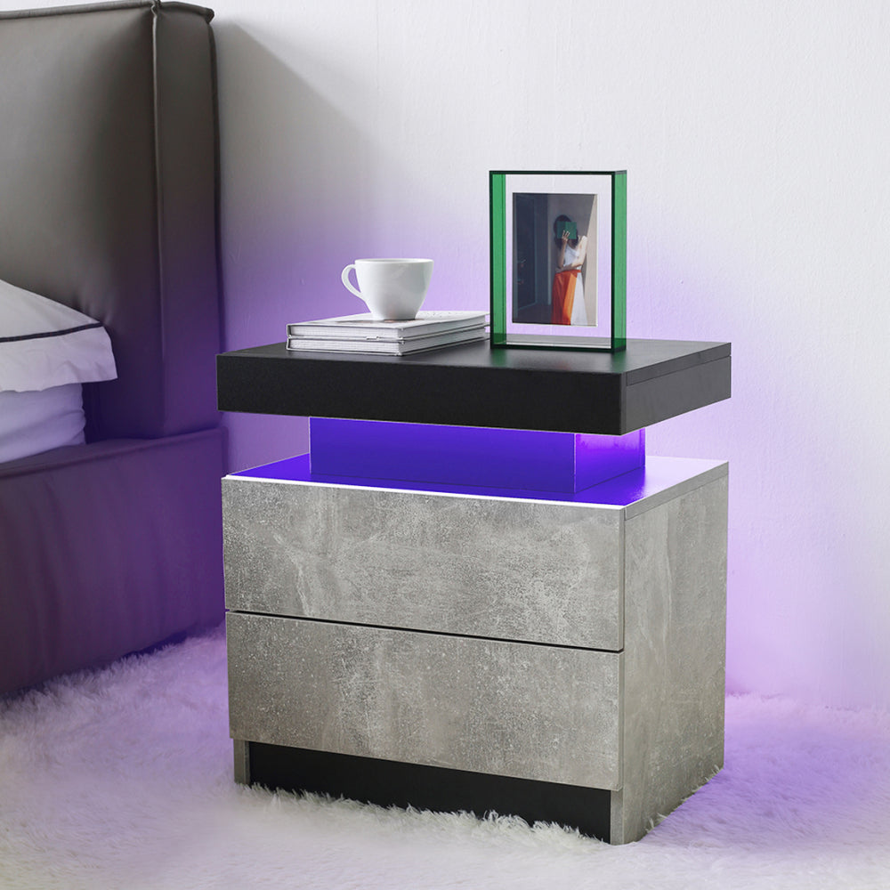 Nightstand LED Bedside Table Cabinet Lights Modern End Side with 2 Drawers for Bedroom (White)