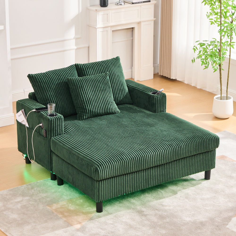 UNITED WE WIN Modern Corduroy Oversized Recliner Sofa with Deep Seat, 3 Pillows, USB Charging, RGB LED Light Strip, Cup Holder, Side Pocket - Suitable for Living Room and Bedroom