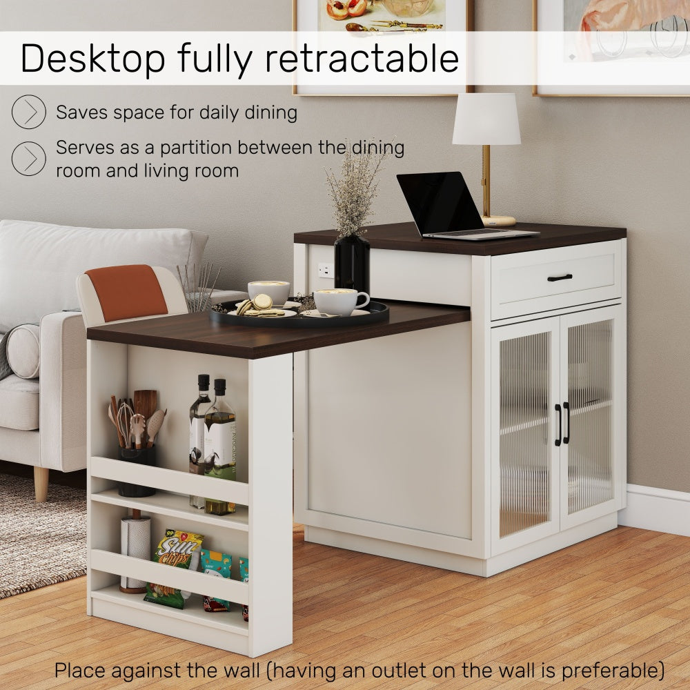 83.1'' Extendable Kitchen Island with Slide Out Table and Storage Racks for 2-6 Person,Kitchen Island with Tempered Glass Doors,Walnut Woodgrain Dining Table,Power Outlet,Bar,Prep Station(Cream White)