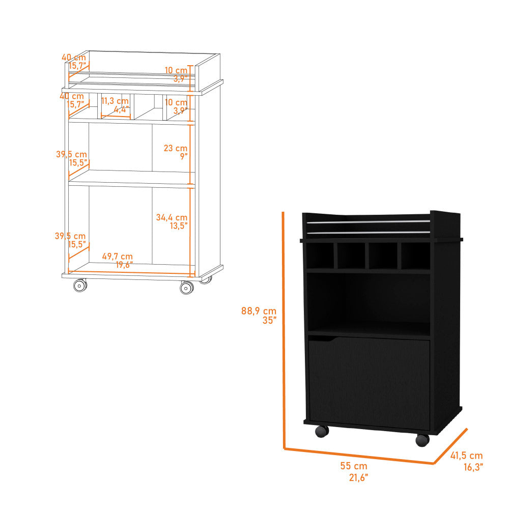 FM FURNITURE Crozier Bart Cart, with 1 shelf, 1 door and four built-in wine rack,black