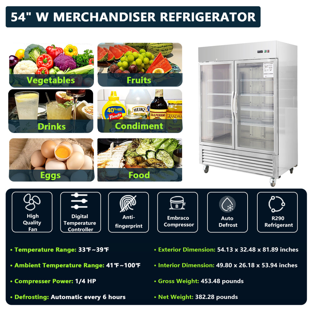 54"W Commercial Refrigerator 2 Glass Door Stainless Steel Interior and Exterior Construction Display Refrigerator 42.2 Cu.ft. Reach-in Merchandising Refrigerator Upright Fan Cooling Merchandiser