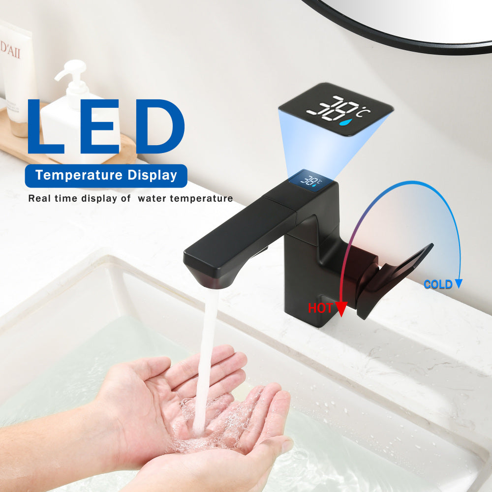 Matte Black Smart LED Bathroom Faucet - Temperature Digital Display, Pull Down Sprayer for RV and Home Sinks