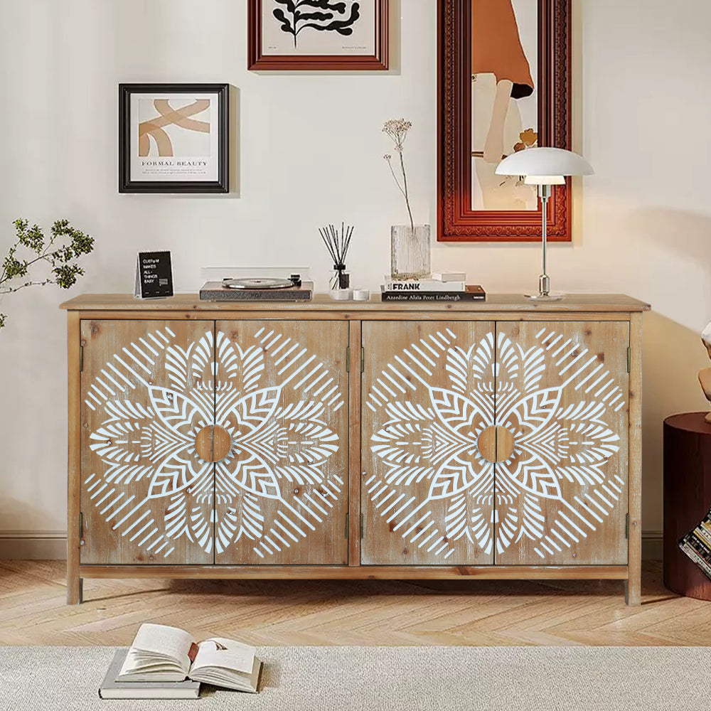 60"Wood Accent Cabinet with 4 Doors, Brown and antique white Modern Pantry Cabinet, Wood Buffet Cabinet, Media Cabinet, Console Cabinet, Cabinet for Entryway, Living Room, Bedroom, Dining Room