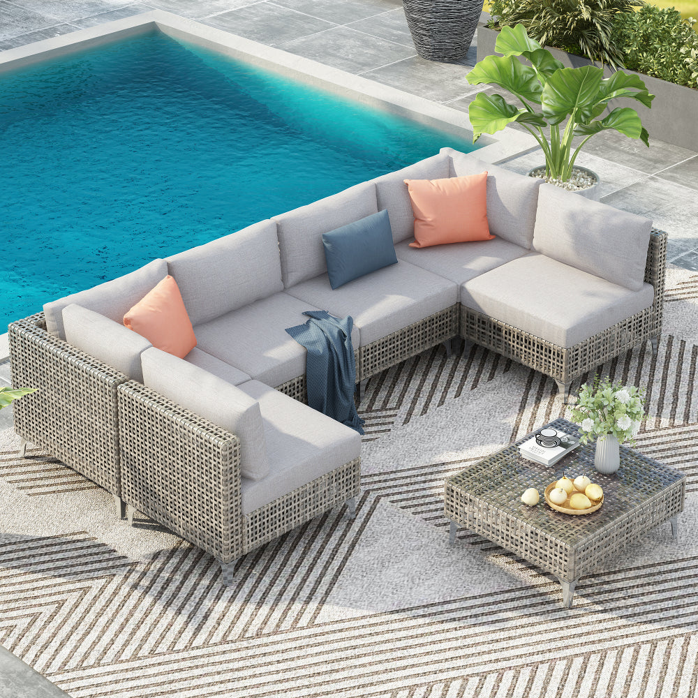 K&K 43" Propane Gas Fire Pit Table, 60000 BTU Rectangular Open Weave Wicker Fire Pit with Glass Wind Guard for Outside Patio Deck Garden Backyard - Grey