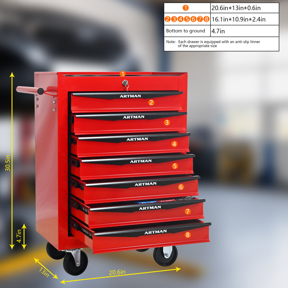 Rolling Metal Tool Chest with 7 Drawers, 20" 7-Drawer Tool Chest Cabinet with Ball Bearing Drawer Slides, Steel Tool Storage Box Organizer -Red&Black