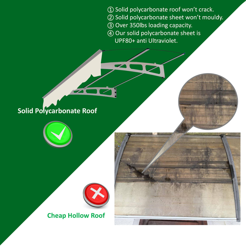 5934W Series Door Window Awning Canopy W59"xD34" Made of 0.137Inch /3.5mm Thick Virtually Crystal Solid Polycarbonate Sheet with Polyester Valance for Wooden House.