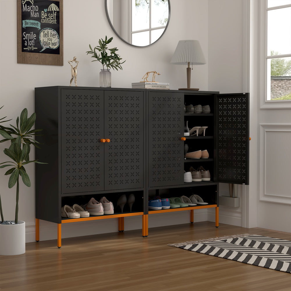 Modern minimalist double door shoe cabinet with adjustable mesh doors and high foot hollow storage cabinet bottom, compatible with robotic vacuum cleaners