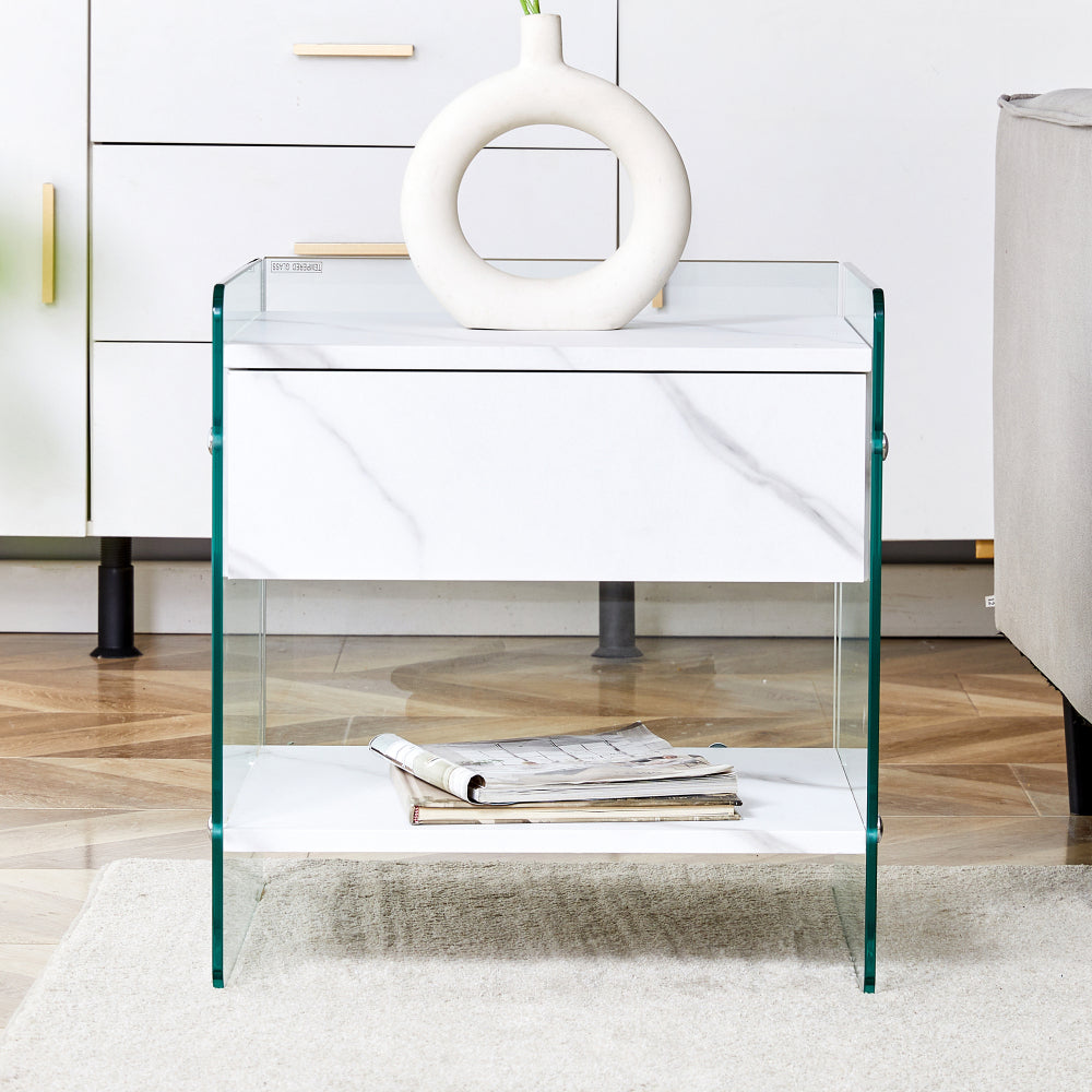 Bedside table with drawers. The board surface is MDF sticker, and both sides are transparent tempered glass. The design is simple and elegant, with excellent storage functions.