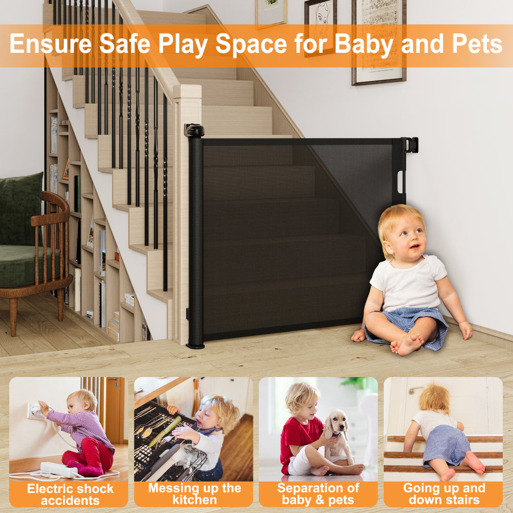 Retractable Baby Gate, Mesh Dog Gate for Doorways, Extends up to 76" Wide, 33" Tall Child Safety Gate for Doorways, Indoor & Outdoors, Stairs, Hallways, Black