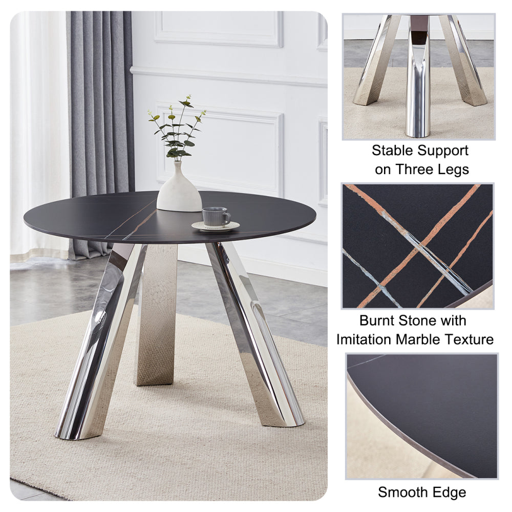 42-inch Sintered Stone Dining Table and Chair Set Mirror-polished Stainless Steel Base 4 Black PU Chairs Modern Luxury Round Dining Table Series