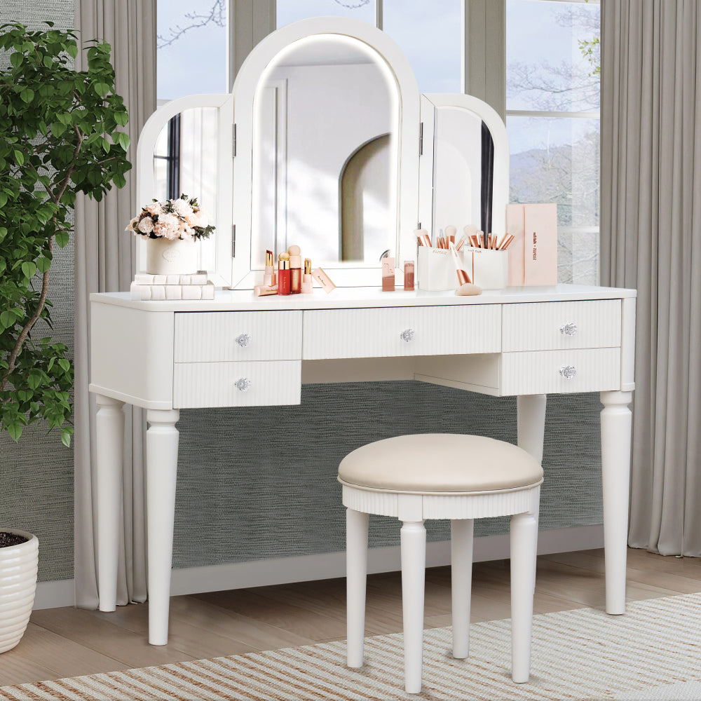 Mirrored Vanities Desk with Drawers, Bedroom Makeup Vanity Table Set with Mirror and Stool, Flip Up Dressing Table for Bedroom/Makeup Room, Working Desk for Women, Girl Furniture Combo