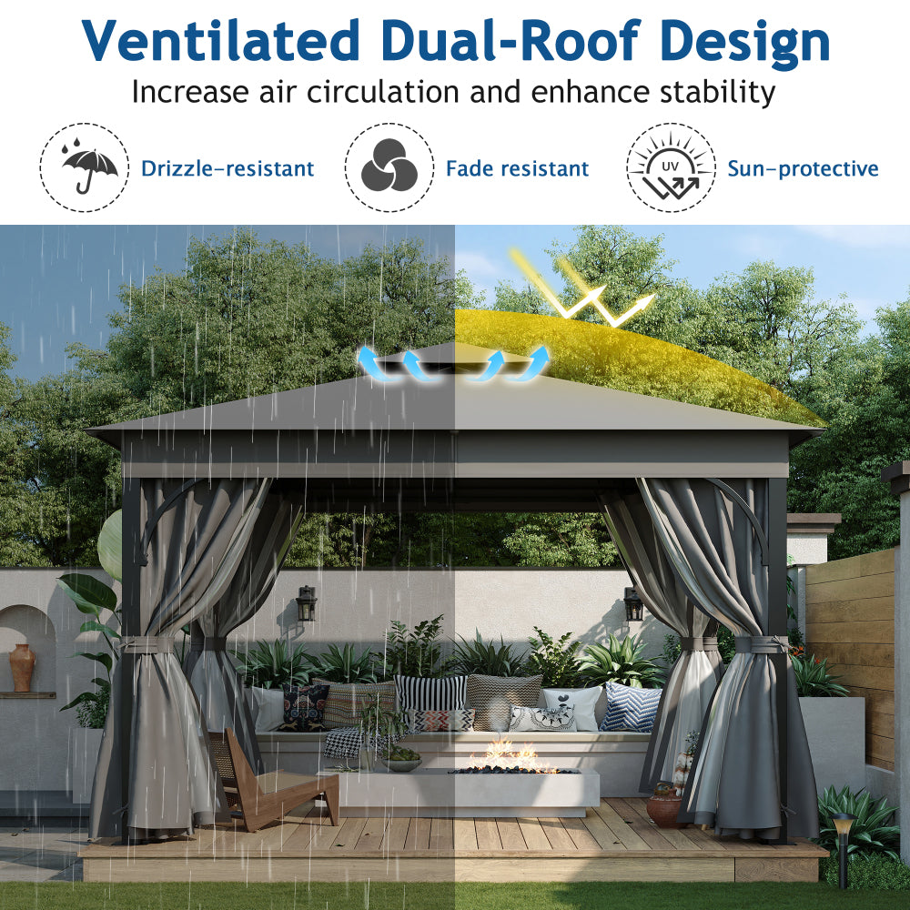 TREXM 10x12 Outdoor Gazebo Tent with Double Roofs, Patio Gazebo with Mosquito Netting and Privacy Screens, Patio Canopy for Shade and Rain for Backyard, Garden, Lawn and Deck (Grey)