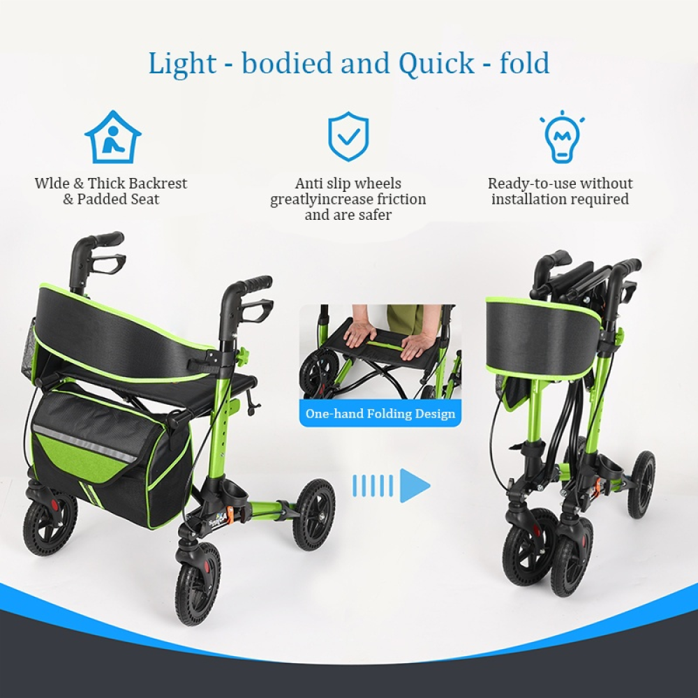 Rollator Walker for Seniors, Lightweight Foldable All Terrain Rolling Walker with seat, Aluminum Walkers with 8 inch Rubber Wheels, Handles and Backrest for Seniors and Adult (GREEN)