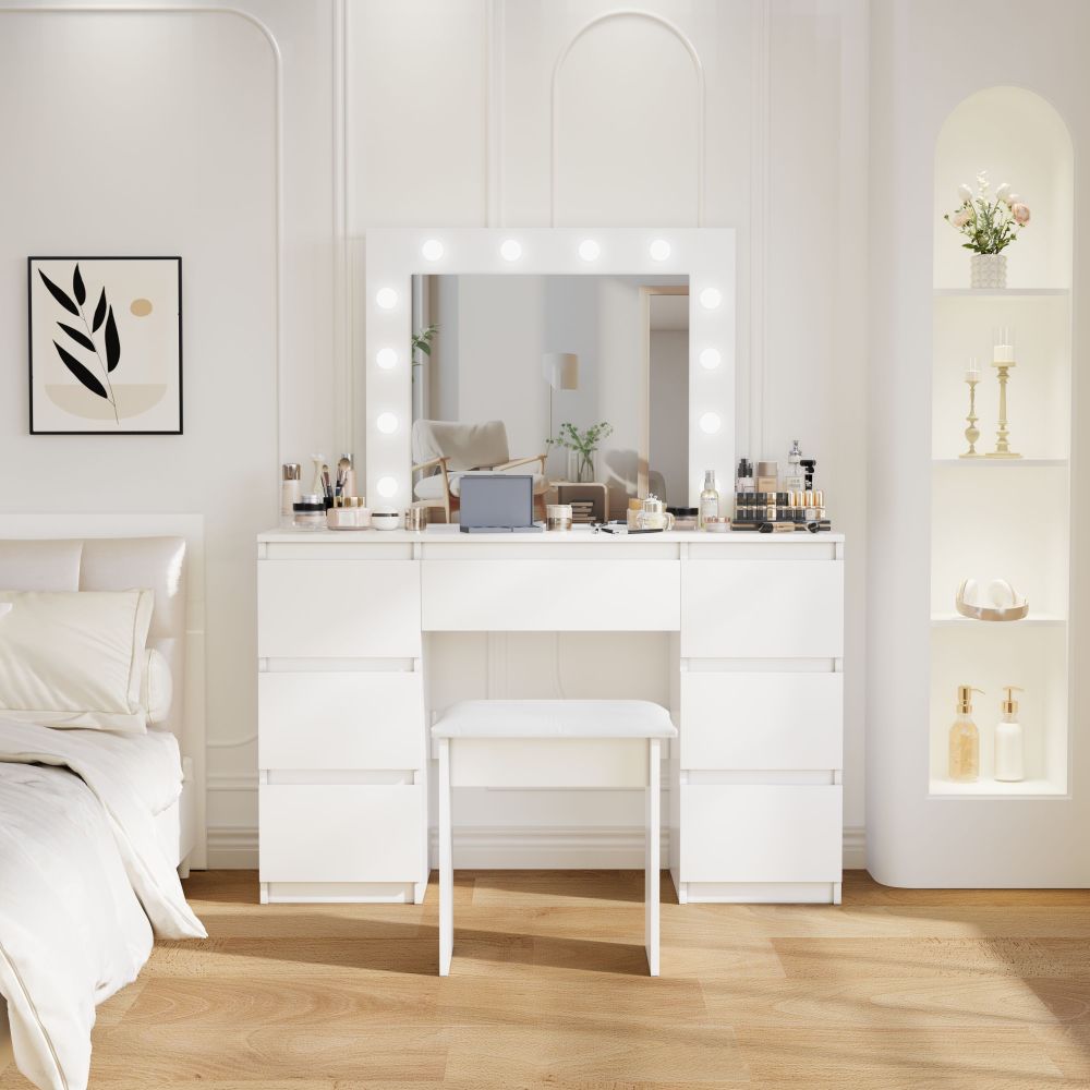 Vanity Set with Mirror and Stool - Makeup Vanity Table with Storage Drawers and Organizer, White and Gold, Space-Saving Design for Small Bedrooms