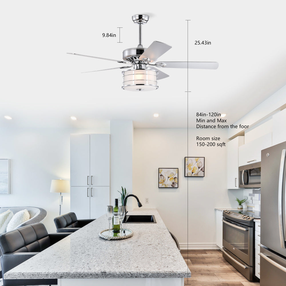 52" 3-Light Chrome Drum Shade LED Ceiling Fan + Remote, Traditional Farmhouse Rustic Industrial Bohemian Country Cottage Transitional Glam for Home, Kitchen, Living Room