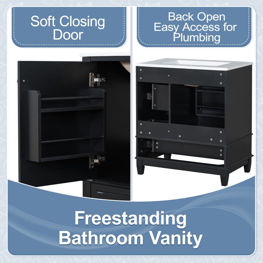 30" Bathroom Vanity with Sink, One Door with Shelf and Three Drawers, Soft Close Door, Black
