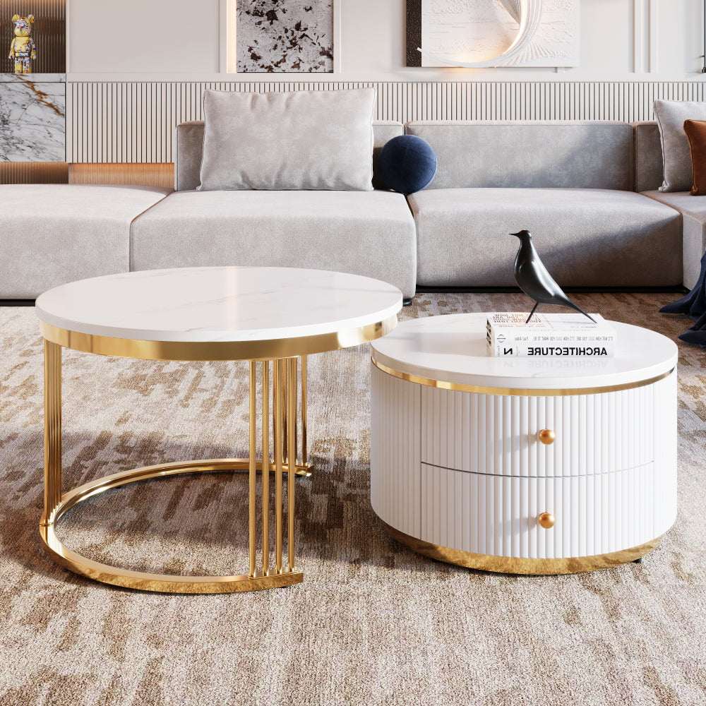 Modern Round Nesting Coffee Table with Drawers in White