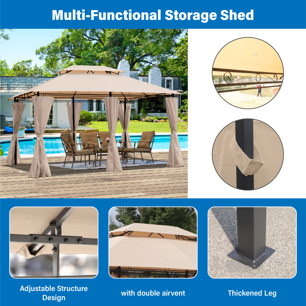 13x10 Outdoor Patio Gazebo Canopy Tent With Ventilated Double Roof And Mosquito net(Detachable Mesh Screen On All Sides),Suitable for Lawn, Garden, Backyard and Deck,KHAKI Top