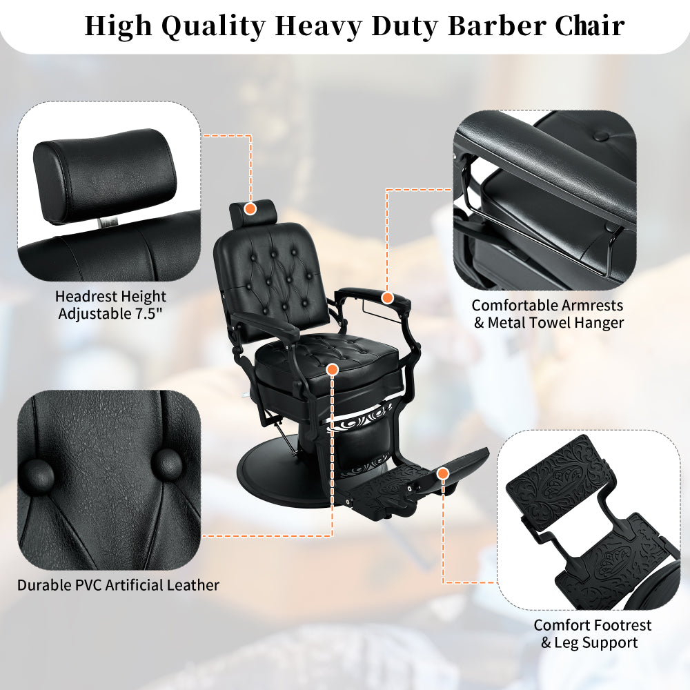 Heavy Duty Vintage Recline Barber Chair, Professional Salon Chair with Heavy Duty Metal, Supports 360°Rotatable,for Salon Beauty Spa Equipment, Black