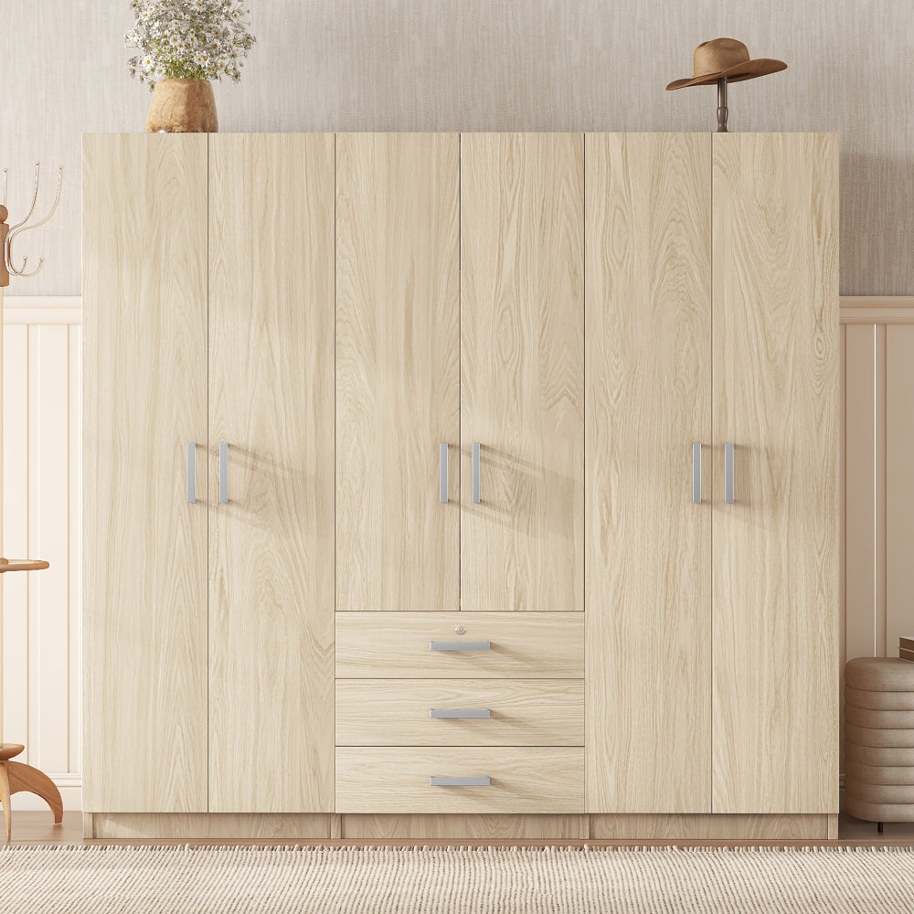 6-Doors Wooden Wardrobe Storage for Bedroom, with Big Drawers, Brown