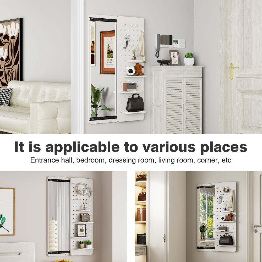 Wall Mounted Full Length Mirror, Full Body Mirror with Shelf, Full Body Mirror with Hook Wall Mounted Mirror with Multifunctional Design Panel, Bedroom/Living Room/Entrance White(47.6*15.7in)