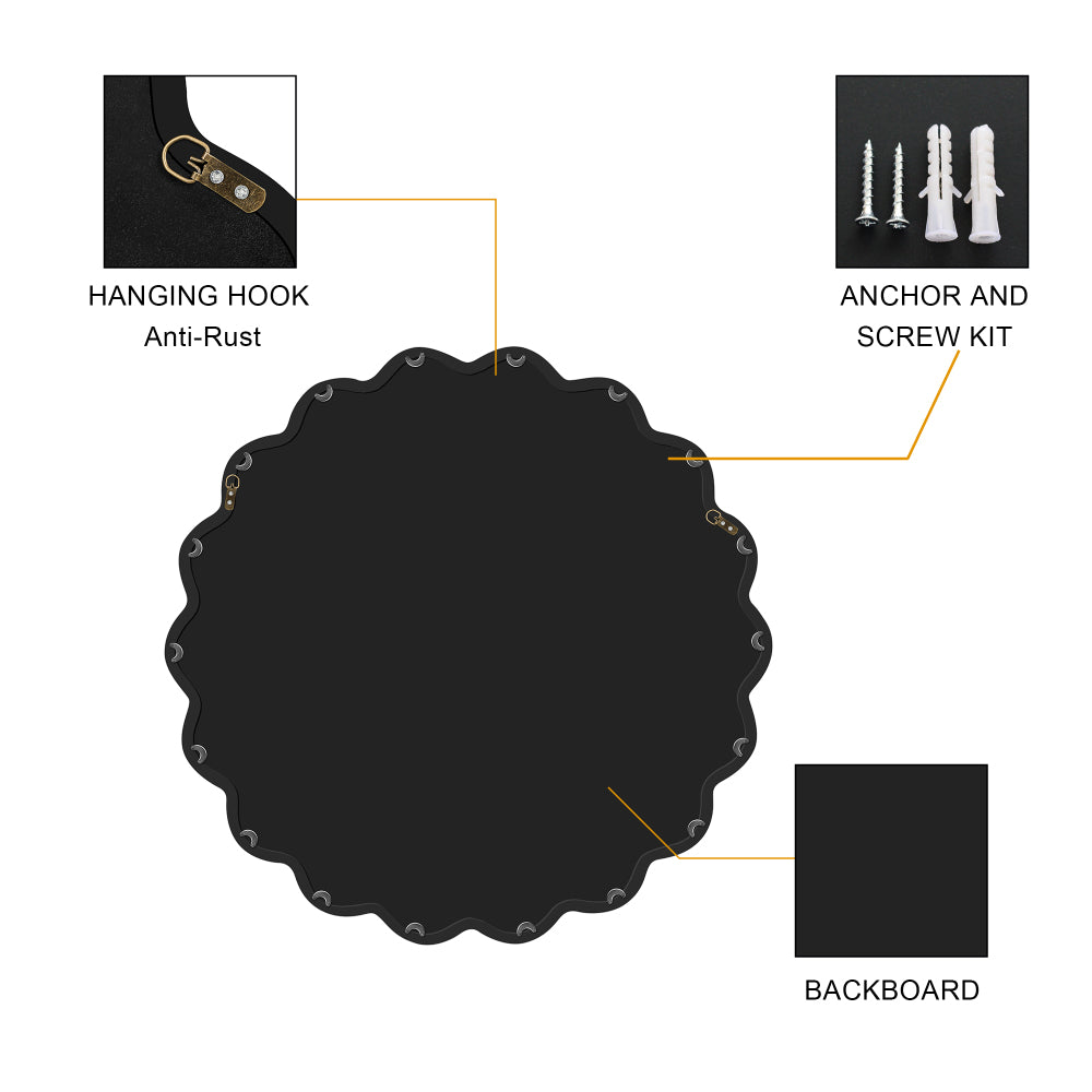 Solid Wood Wavy Mirror-Black Vanity Mirror Wall Decor 36" x 36" Modern Mirror Wall Decor for Bathroom, Bedroom, Living Room, Dining Room, Cloakroom, Entryway