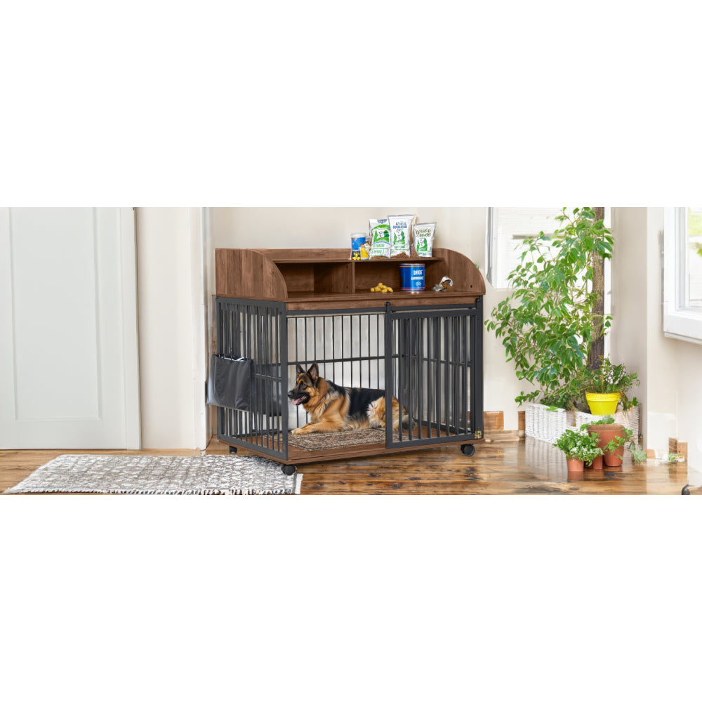 GO 44'' Heavy Duty Large Dog Crate Furniture for Large Medium Dog with Lockable Wheels, Wooden Dog Crate Dog Kennel, End Table Crate with Double layer storage, Brown