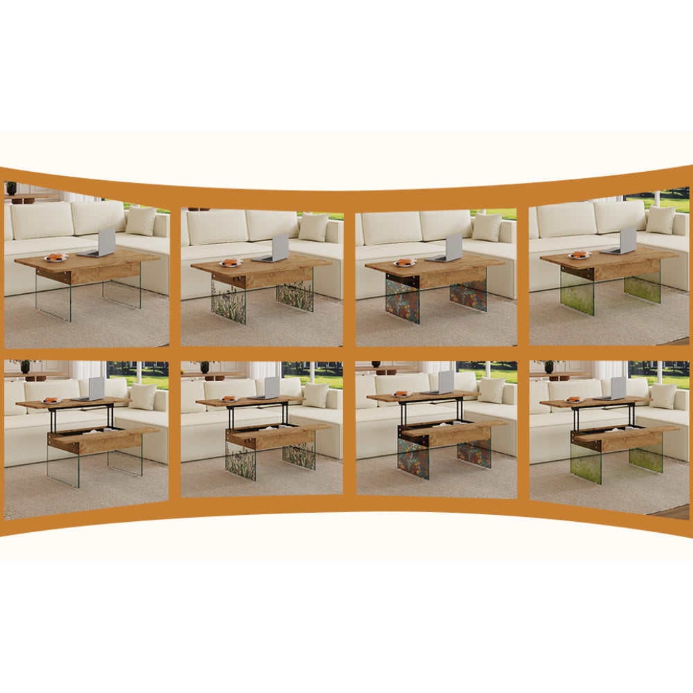 Multifunctional Lift Top Coffee Table -Light Wood Color Grain Sticker, Essential for Modern Homes.Tempered Glass Legs,Lift Top Feature.Perfectly Fitting Into Living Rooms And Office.