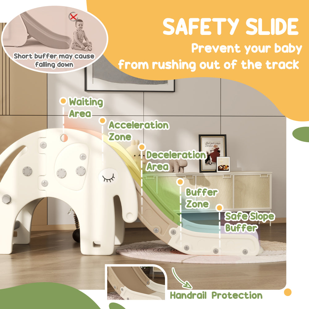 Qaba 3 in 1 Toddler Slide for Years 1-3, Kids Slide with Climber, Basketball Hoop, Elephant-Shaped Indoor Slide, Cream White