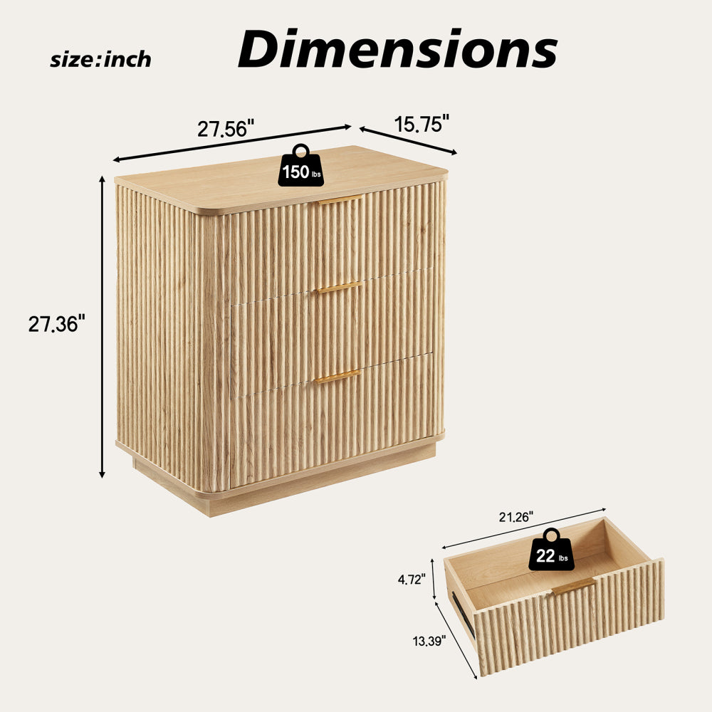 3 Drawers Drasser, 27.6'' Wide Modern Chest of Drawers Curved wave Design,Nightstand,Wood Drawer Organizer for Bedroom, Living Room, Hallway, Oak,27.6''W x 15.8''D x 27.4''H.