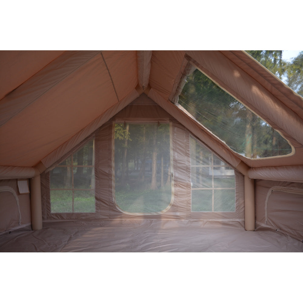9.8 x13ft Inflatable Camping Tents with Hand Pump, Air Glamping Tents, Easy Setup Waterproof and Windproof Blow up Tent, 4 Seasons Oxford Cabin Tent with Mesh & Chimney Window. Beige