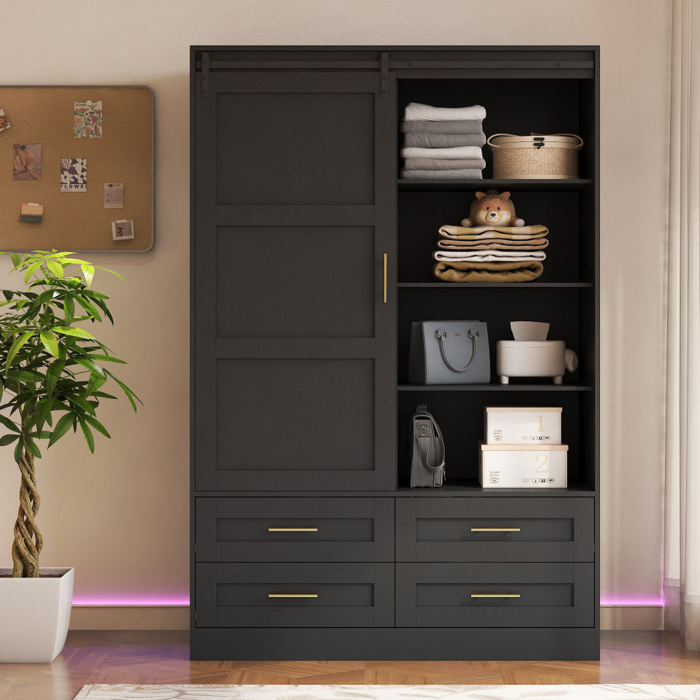 Tall Bedroom Armoire Wardrobe Closet Clothing Storage Cabinet with Hanging Rod Barn Door Drawers Open Shelves,White