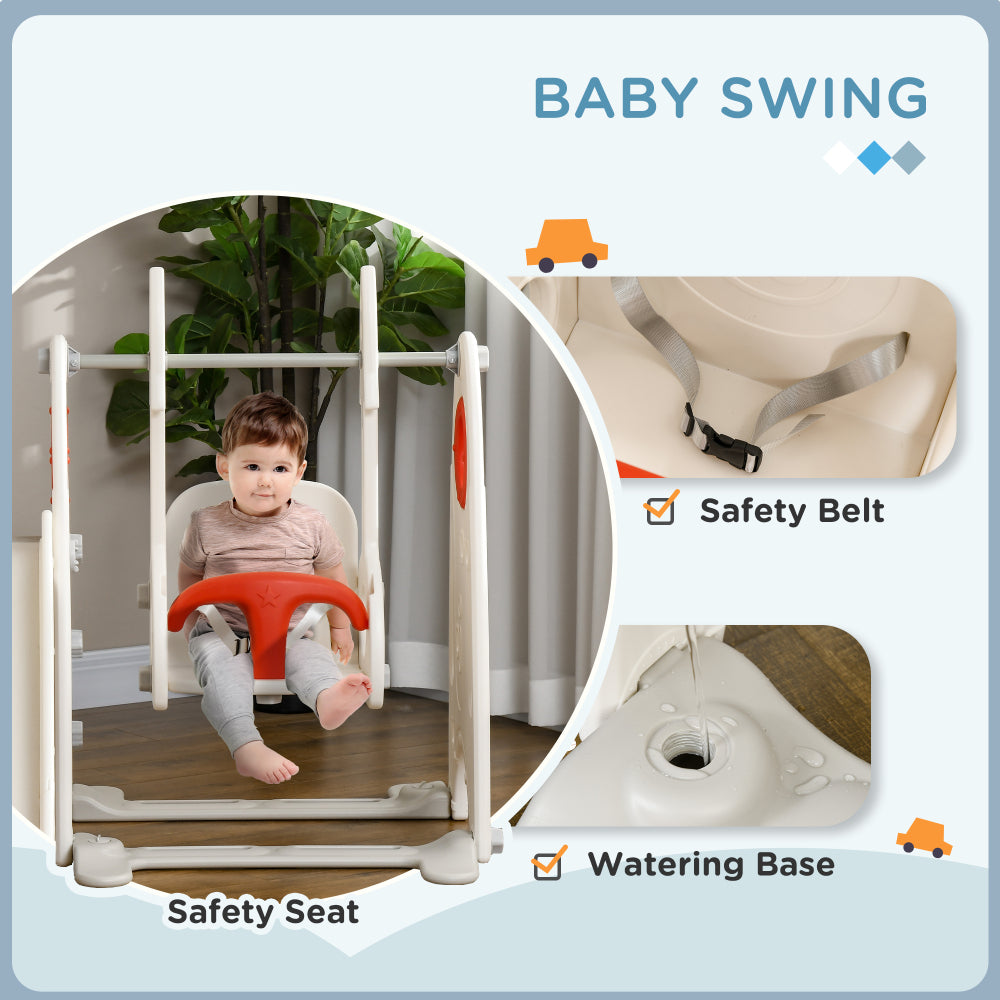 Qaba Toddler Swing Set, 4 in 1 Toddler Playground for Kids 1-3 Years Old, Indoor Toddler Playset with Slide, Swing, Basketball Hoop, Climber, Basketball, Red