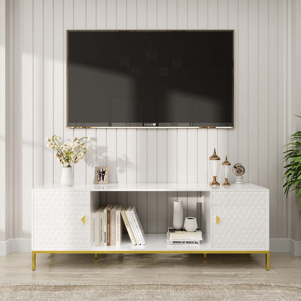 70 Inch TV Stand, Heavy Duty Wood Media Entertainment Center Console with Cabinet Storage & Open Shelves for Living Room, Modern Design (Black)
