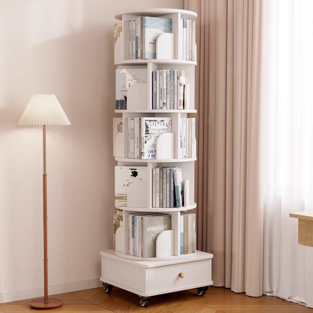 Rotating Bookshelf, 360 Degree Display 5 Tier Corner Bookshelf with Drawer for Small Space, Floor Standing Bookcase Storage Rack, Wood Narrow Book Shelf Organizer for Bedroom, Living Room (WHITE)