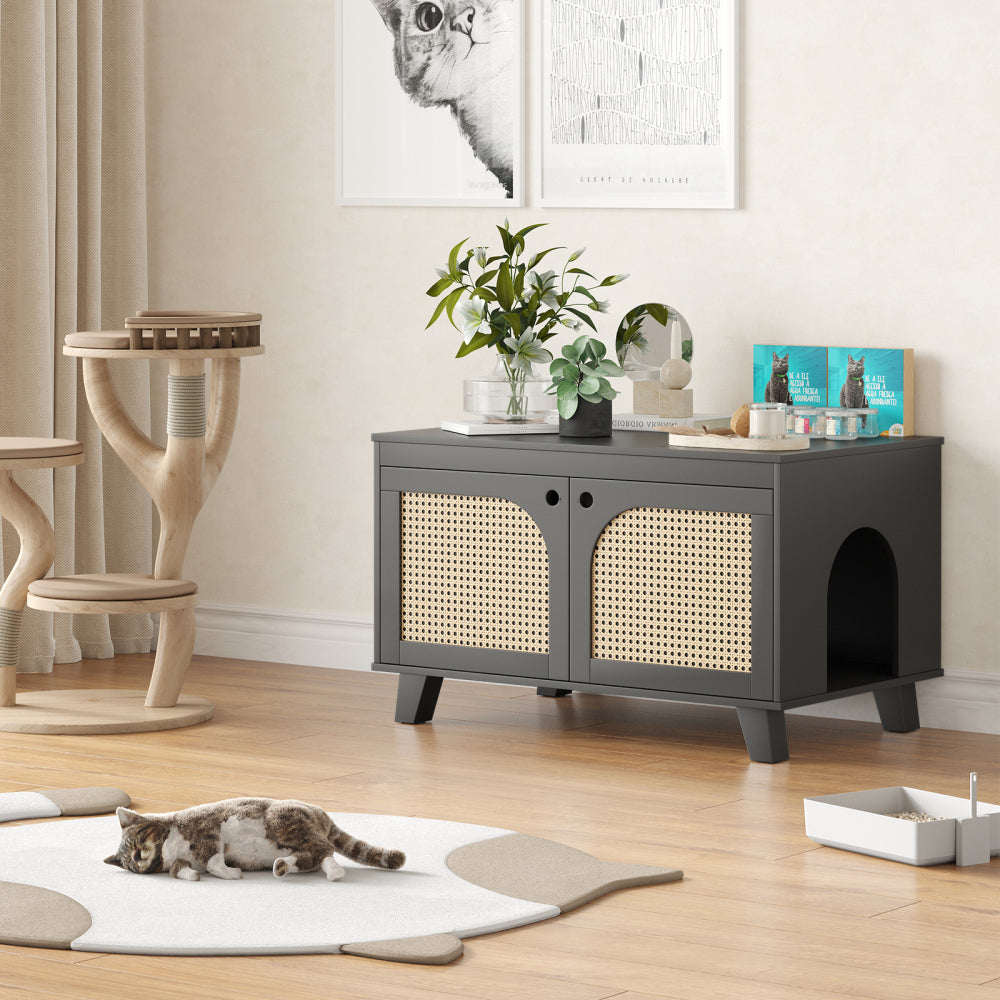 Flip Top Hidden Cat Litter Box Enclosure Furniture Cabinet with Rattan Decorated Doors for Your Home, Two Entrances