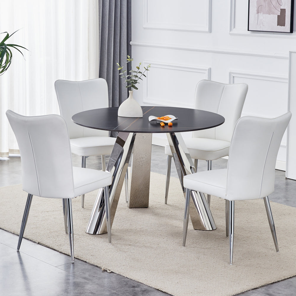 42-inch Sintered Stone Dining Table and Chair Set Mirror-polished Stainless Steel Base 4 Black PU Chairs Modern Luxury Round Dining Table Series