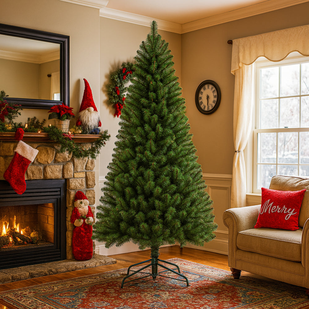 7FT Unlit Artificial Christmas Tree with 775 Tips, Full PVC Branches, Classic Green Holiday Tree with Sturdy Metal Stand for Indoor Home Decoration