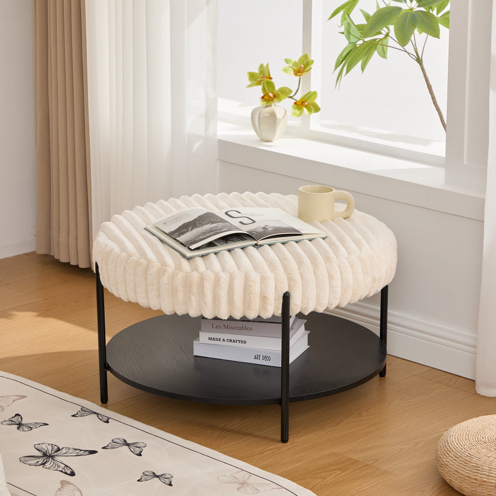 30.7"Wide Upholstered Ottoman Coffee Table Foot Rest with Black Metal Legs,Footstool with Wooden Open Storage Shelf, Faux Fur Foot Stool for Living Room Bedroom Entryway Hotel. Beige