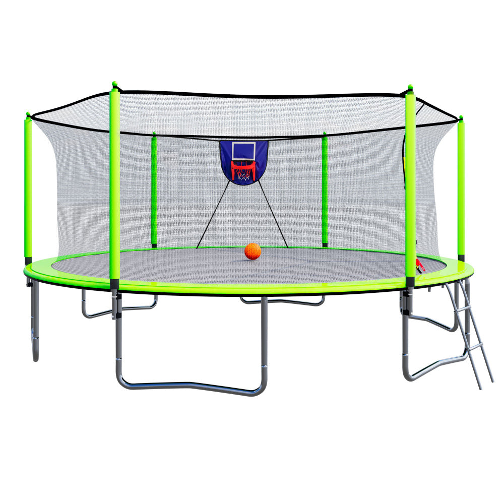 15FT Trampoline with Basketball Hoop Inflator and Ladder, 6pcs safety new pole Sleeves- Green