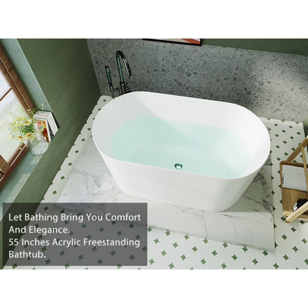 55" Acrylic Freestanding Bathtub, Small Soaking tub, Glossy White, Pop Up Chrome Drain, cUPC Certified