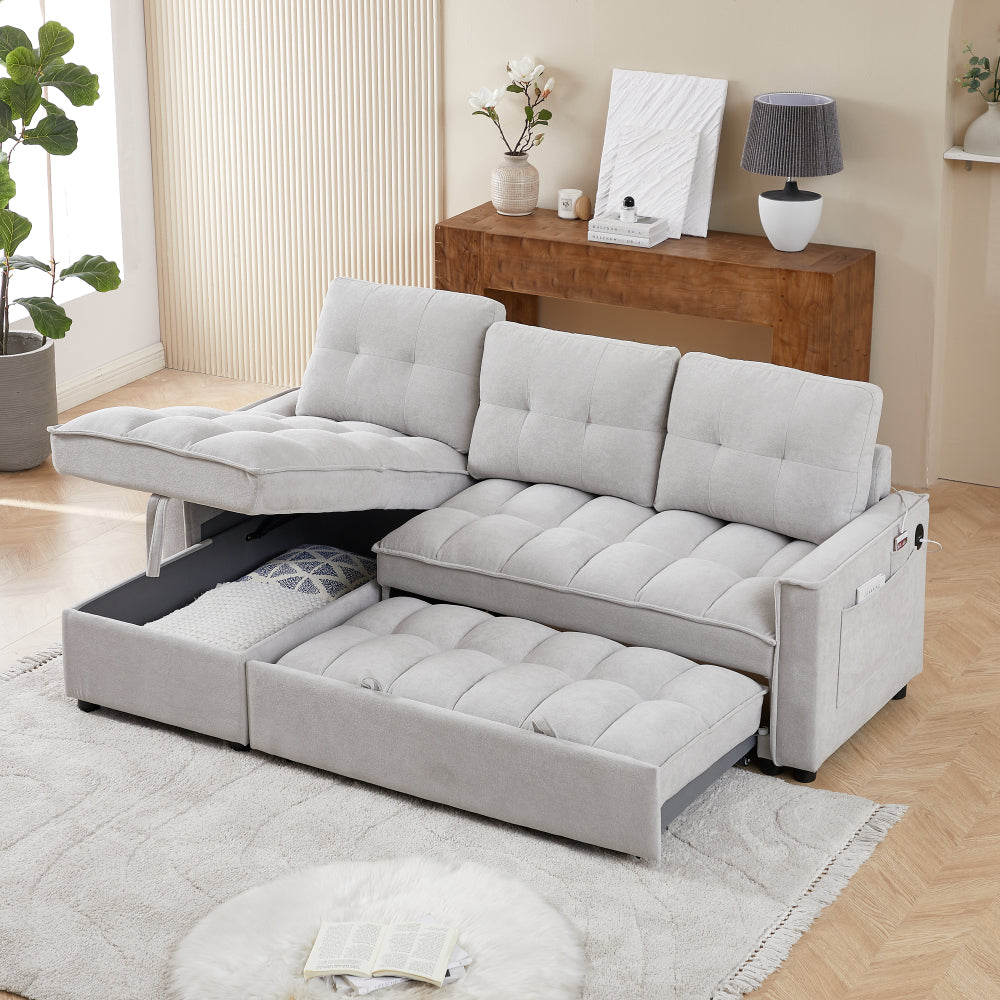 MH 78.75" Reclining Sofa, Pull-Out Sofa Bed with USB and tape-c charging ports, L-Shaped Sectional Sofa with Reclining Storage and Arm Side Organizer Pocket Features, Living Room Comfort Sofa