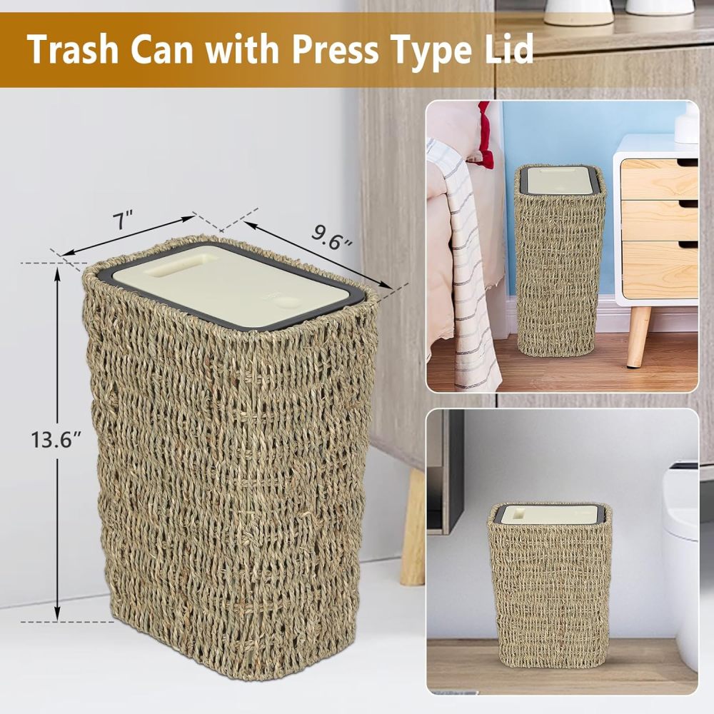 Boho Trash Can with Lid,2.6Gallon Small Rattan Trash Can with Press Top Lid,Slim Wicker Waste Basket and Hamper 2 in 1 for Bathroom,Seagrass Woven Garbage Can Trash Basket for Bathroom,Kitchen