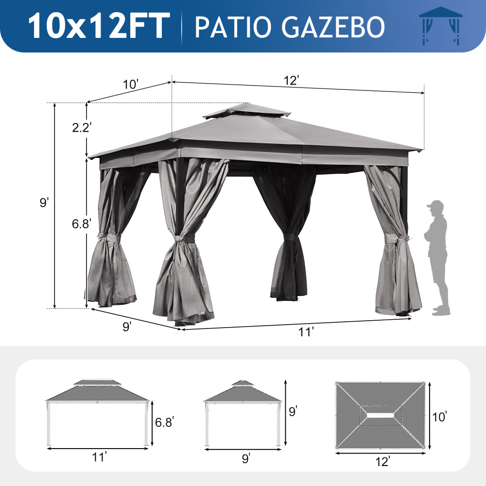 TREXM 10x12 Outdoor Gazebo Tent with Double Roofs, Patio Gazebo with Mosquito Netting and Privacy Screens, Patio Canopy for Shade and Rain for Backyard, Garden, Lawn and Deck (Grey)