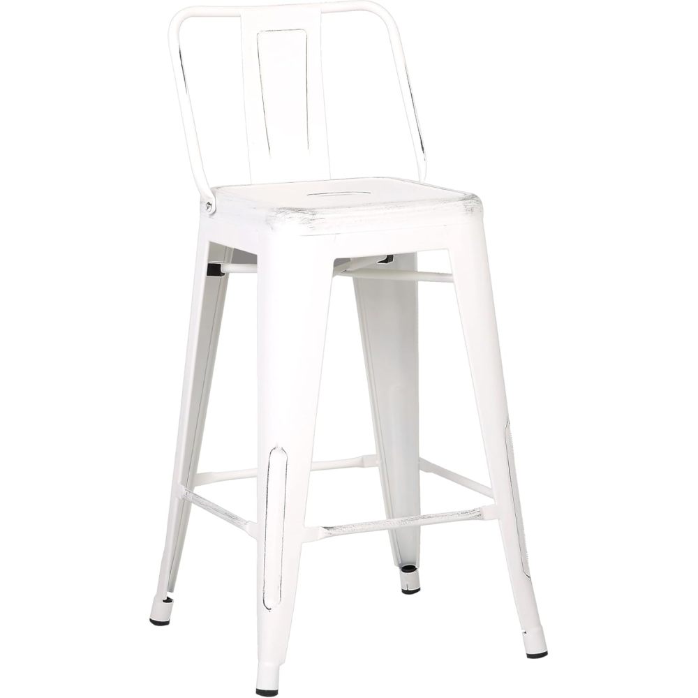 Modern Light Weight Industrial Contemporary Rustic Vintage Costal Metal Barstools with Bucket Back and 4 Leg Design, Seat Bar Stools (Set of 2) (24" Seat, Distressed White)