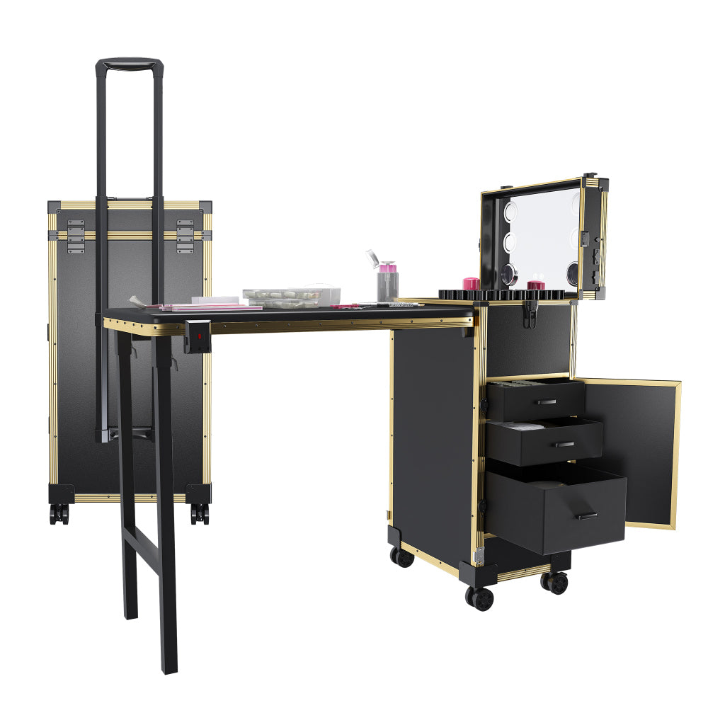 Portable Nail Art Table w/ LED Mirror, Bluetooth, Lockable Drawers, Telescopic Pole - Folding Manicure Station for Salons (Black Gold)