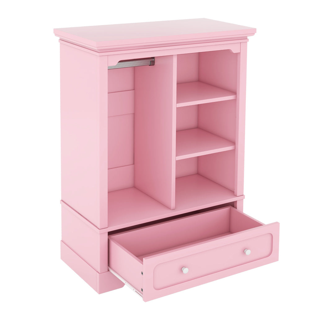 Open children's wardrobe with a hanging rod and open shelves, one large drawer, low design close to the ground for easy access,Pink.