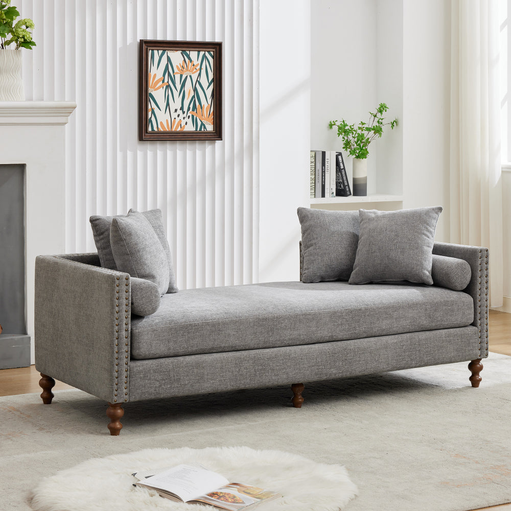 75.2'' Wide Upholstered Chaise Lounge Indoor with Nailheads,Sleeper Sofa Couch With 4 Throw Pillows&2 Bolsters,Daybed with Rubberwood Legs For Living Room,Bedroom, Apartment,Guestroom,Gray Chenille