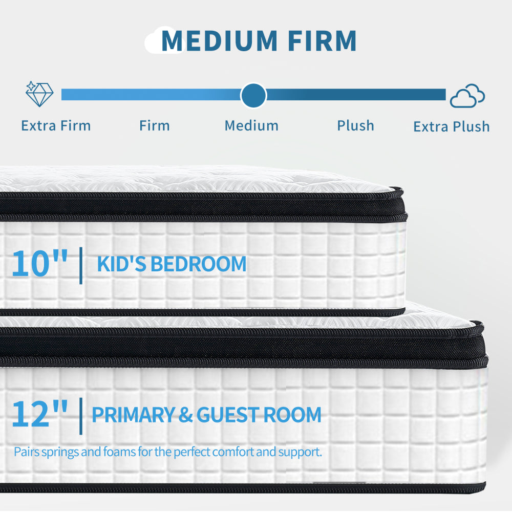 QUEEN Size 12 Inch Hybrid Mattress Individual Pocket Spring 7-Zoned Memory Foam Knitted Cover CertiPUR-US White